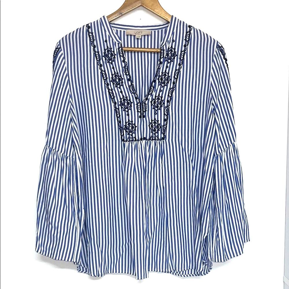 LOFT Sz MED Bohemian Flowy Striped Embroidered V-Neck Blouse Bell Sleeve, boho
